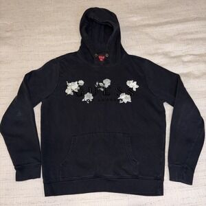 GUESS Womens S Black Hoodie‎ Rose Floral Spellout Pullover Fleece Sweatshirt